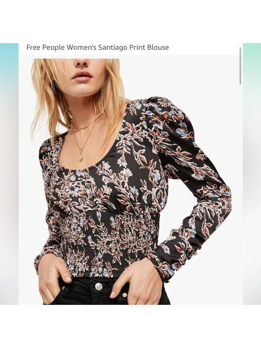 Free People Women's Santiago Print Smocked Crop Top Long Sleeve Blouse Sz Small